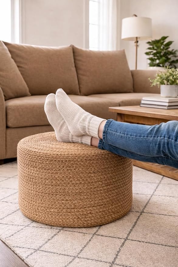 Scandilivin Homes Pouf Ottoman - 100% Natural Jute Braided- Footrest Pouf Hand Knitted - Traditional Cord Boho Pouffe - for The Living Room, Bedroom, Nursery, Patio, Lounge (18”x18”x12”)