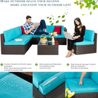Vongrasig 7 Pieces Patio Furniture Sets, Outdoor All-Weather Wicker Patio Conversation Sets, L-Shaped Rattan Sectional Patio Sofa with Glass Table for Backyard, Blue