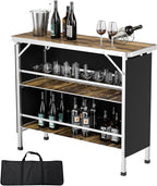 VINGLI 43" Portable Bar Table with Pole, 3-Tier Shelves, Mobile Bar Table for Events, Party, Camping, Picnic, Tradeshow, Indoor with Black Skirt