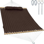 2 Person 12FT Hammocks for Outside, Double Quilted Fabric Outdoor Hammock with Spreader Bar, Large Removable Pillow, Storage Pockets, Carabiners, Max 475 lbs Capacity (Coffee)