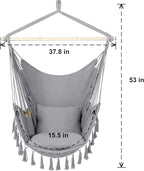 Y- STOP Hammock Chair Hanging Rope Swing, Max 500 Lbs, 2 Cushions Included, Large Macrame Hanging Chair with Pocket for Superior Comfort, with Hardware Kit (Light Grey)
