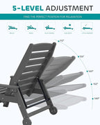 SERWALL Patio Chaise Lounge Chair Set of 2, 78'' Long 5-Positions Adjustable HDPE Outdoor Lounger for Pool, Poly Lounge Chair with Rolling Wheels & Cup Holder for Poolside, Deck, Gray