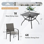 5 Piece Patio Dining Set for 4, 37”x37” Square Table with Umbrella Hole, 4 Metal Brown Chairs, Outdoor Table and Chairs Set for Lawn Backyard and Deck