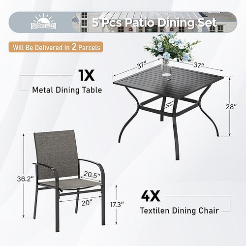 5 Piece Patio Dining Set for 4, 37”x37” Square Table with Umbrella Hole, 4 Metal Brown Chairs, Outdoor Table and Chairs Set for Lawn Backyard and Deck
