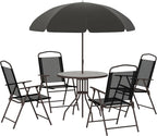 Outsunny 6 Piece Patio Dining Set for 4 with Umbrella, Outdoor Table and Chairs with 4 Folding Dining Chairs & Round Glass Table for Garden, Backyard and Poolside, Black and Coffee