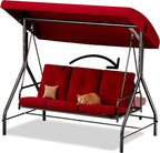 Porch Swing - 3-Seat Patio Outdoor Swing with Canopy for Adultes, Convertible Glider Bed, Thick Removable Cushions & Pillows for Backyard, Porch, Garden - Burgundy