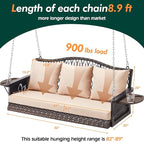 Upgraded Wicker Hanging Porch Swing Heavy Duty 900lbs 3-Seat Outdoor Patio Swing Chair Bench for Adult w/ 8.9ft Hanging Chains Cushions and Cup Holder
