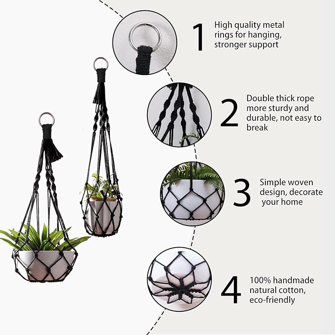 Artilady Black Plant Hanger Macrame Hanging Planter for Indoor Boho Plants Holder with Hooks Hanging Plant Basket Outdoor Window Wall Plants Home Decor (Black Macrame-2pcs)