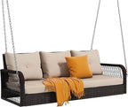 DWVO 3 Seats Porch Swing Hanging Bench Swing Outdoor Wicker Patio Swing Lounge Front Rattan 794lbs for Garden, Balcony, Brown&Beige