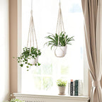 Macrame Plant Hanger Indoor Set of 2 with 4 Hooks, Indoor Outdoor Hanging Planter for Plants Holder with Decorative Wood Beads & No Tassels, Boho Home Decor, 35 Inch Ivory (Pots Not Included)