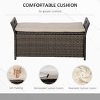 Outsunny 29 Gallon Patio Wicker Storage Bench, Outdoor PE Rattan Patio Furniture, 2-in-1 Large Capacity Rectangle Garden Storage Box with Handles and Cushion, Cream White