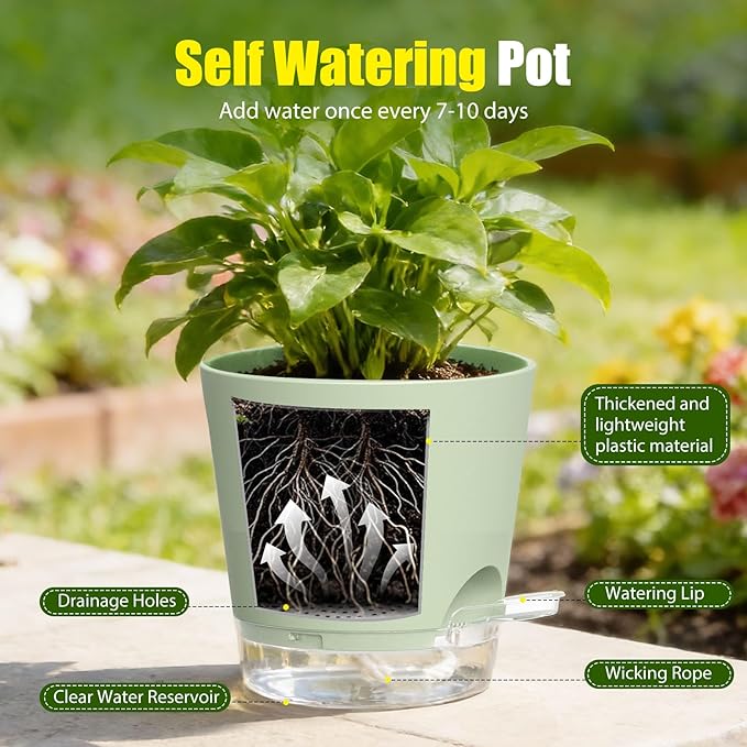Plant Pots 4/5/5.5/6/6.5/7 Inch Self Watering Pots, 6 Pack Plastic Planters with Drainage Holes and Clear Saucers,Plastic Flower Pots,Nursery Planting Pot for Indoor Out Door Plants (Green)