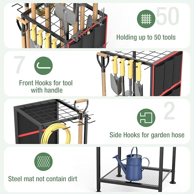 Metal Storage Rack for Garden Tools, Black, Holds 50 Long Tools