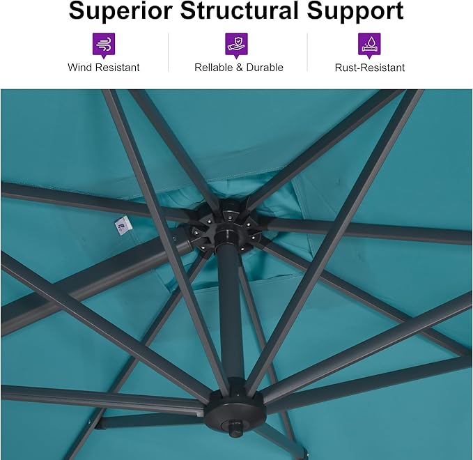 PURPLE LEAF Cantilever Umbrella with Base 9 Feet Patio Outdoor Aluminum Offset Umbrella with 360-degree Rotation for Garden Deck Pool Patio Turquoise Blue