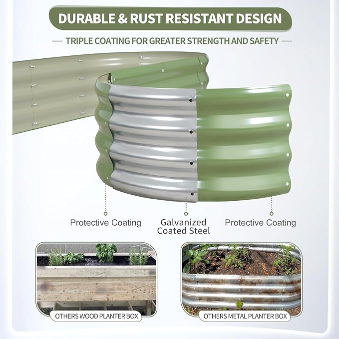 Galvanized Raised Garden Bed - 8x2x1FT Metal Planter Boxes Outdoor | Oval Steel Raised Bed Kit for Gardening with Protective Tape, Bracing Rods, Gloves for Vegetables, Flower, Herb (Green)