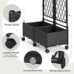Planter Box with Trellis, 4ft Tall Self-Watering Plastic Raised Garden Beds and Lattice Trellis with Lockable Wheels & Drain Plug for Outdoor Patio Backyard Balcony, Black, 2 Pcs
