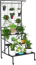 Zhongma 3 Tier Large Heavy Duty Plant Stand with wheels, Tall multi layer Plant Holder with Hanging Plant pot shelf, 35.43 x 33.27 x 80.7inch, Each Tier: 35.43 L x 10.5W, Easy to Hold Large Plant Pot