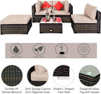 Tangkula 5 Pieces Patio Rattan Furniture Set, Outdoor Sectional Rattan Sofa Set with Back & Seat Cushions, Wicker Conversation Set with Tempered Glass Table for Backyard Porch Poolside (Brown)