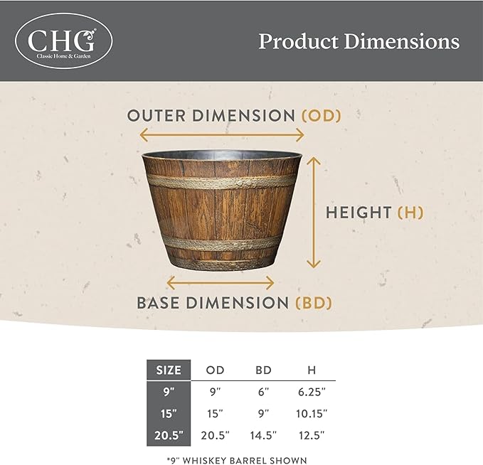 Classic Home and Garden Whiskey Plastic Resin Flower Pot Barrel Planter, Walnut Brown, 20.5" (Pack of 3)