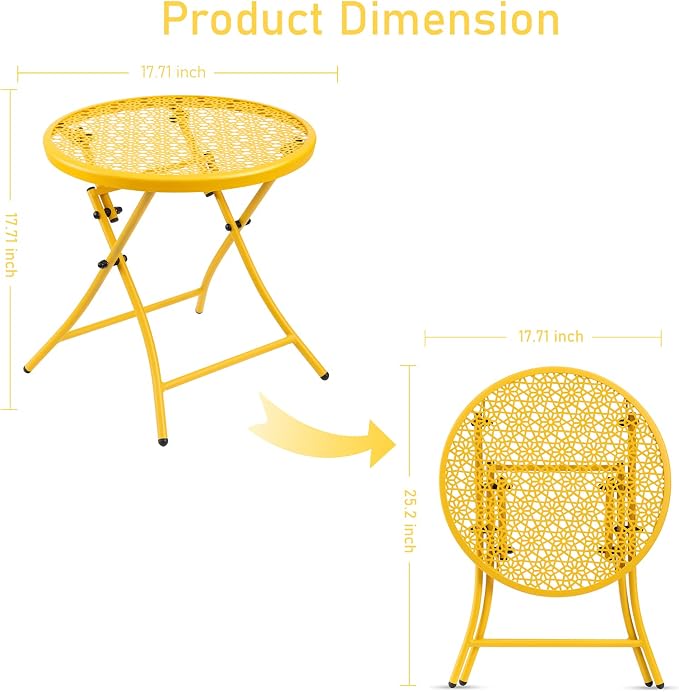 Side Table, Round Yellow Metal Folding Patio Table, 17.7 Inch