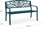 Best Choice Products Outdoor Bench Steel Garden Patio Porch Furniture for Lawn, Park, Deck w/Floral Design Backrest, Slatted Seat - Peacock Blue