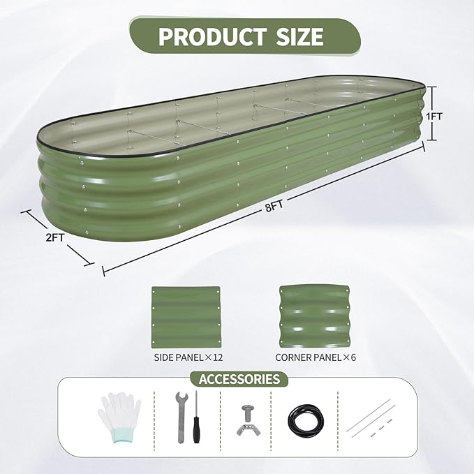 Galvanized Raised Garden Bed - 8x2x1FT Metal Planter Boxes Outdoor | Oval Steel Raised Bed Kit for Gardening with Protective Tape, Bracing Rods, Gloves for Vegetables, Flower, Herb (Green)