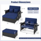 HAPPYGRILL Patio Rattan Wicker Daybed with Loveseat & Storage Ottoman, Outdoor Lounge Sofa Furniture Set with Adjustable Backrest & Side Trays, for Poolside Deck Porch Lawn (Black & Navy)