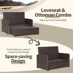 LDAILY Moccha Outdoor Daybed, Wicker Loveseat Sofa Set with 4-Postion Adjustable Backrest, Storage Ottoman, Cushions, Rattan Double Bed Lounger, Patio Furniture Set (Red)