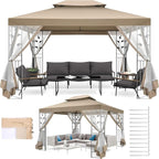 COBIZI Gazebo 10x13 Heavy Duty Gazebos with Improved Nettings Outdoor Gazebo Double Roof Patio Gazebos with Metal Steel Frame Outdoor Canopy for Patio, Deck, Backyard (Khaki)