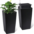 30 Inch Tall Self Watering Planters Set of 2, Outdoor Plant Pots with Automatic Watering System, Water Level Monitor, Drainage, Wheels & Inner Bucket, for Front Porch & Indoor Plants Black