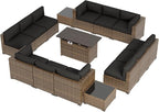 Aoxun Patio Furniture Sets, 15-Piece Outdoor Patio Furniture with 44'' Propane Gas Firepit Table, Wicker Outdoor Conversation Set Sectional Sofa for Backyard, Poolside, Garden