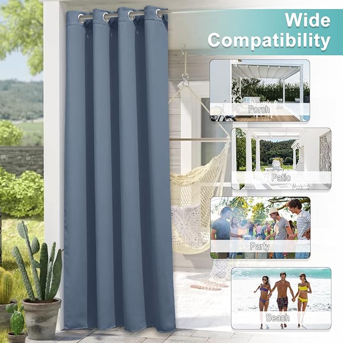 NICETOWN 2 Panels Stone Blue Outdoor Curtains for Patio Waterproof, Rustproof Grommet Thermal Insulated Blackout Indoor Outdoor Room Darkening Drapes for Patio/Front Porch, W52 x L108