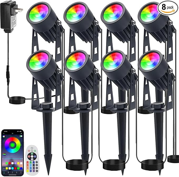 Smart RGB Low Voltage LED Spotlights, APP & Remote Control,Synchronous Dimming Lighting System, IP65 Waterproof,16 Million Colors for Outdoor Landscape,Yard,Garden,Holiday Decoration (8 Pack)