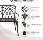 VINGLI 38" Outdoor Metal Bench, Cast Aluminium Garden Bench, Weatherproof Antique Finish Orchid Chair, 1-2 Person Seat Deck Furniture for Porch Entryway Patio (Brown)