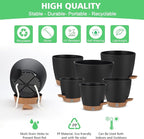 Self Watering Planter Set with Visual Water Level, 6Pack Small Plastic Pot with Drainage Holes and Reservoir Saucers, Modern 8+7+6.5+6+5.5+5 Inch Bottom Watering Flower Pots for Indoor Plant - Black