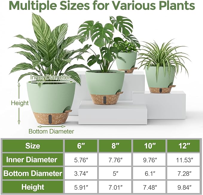 Plant Pots, 12" 10" 6" 8" Inch Self Watering Pots with Water Level Indicator, Set of 5 Flower Pots Indoor with Drainage Holes, Modern Planters for Indoor Outdoor Plants, Room & Office Décor