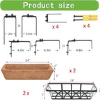 Window Deck Railing Planters Boxes with Coconut Liner, The Bottom Flat Window Boxes Planter Flower Boxes Metal Black Balcony Planters Railing Hanging for Outdoor Fence Porch Patio Lawn(2Pcs 24 Inch)