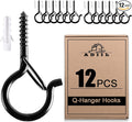 ADIIL 12 PCS Q Hanger Hooks with Safety Buckle, Windproof Screw Hooks for Hanging Outdoor String Lights, Plants, Christmas Patio Lights, 2.2 Inches, Black