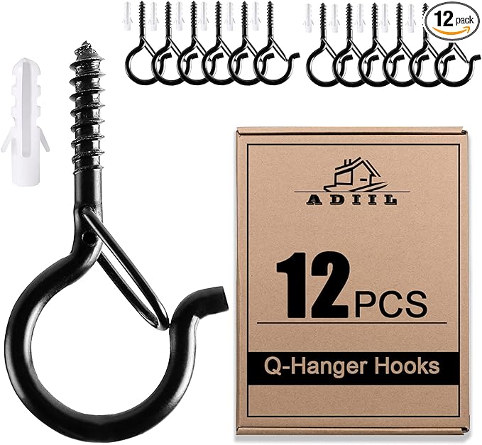 ADIIL 12 PCS Q Hanger Hooks with Safety Buckle, Windproof Screw Hooks for Hanging Outdoor String Lights, Plants, Christmas Patio Lights, 2.2 Inches, Black