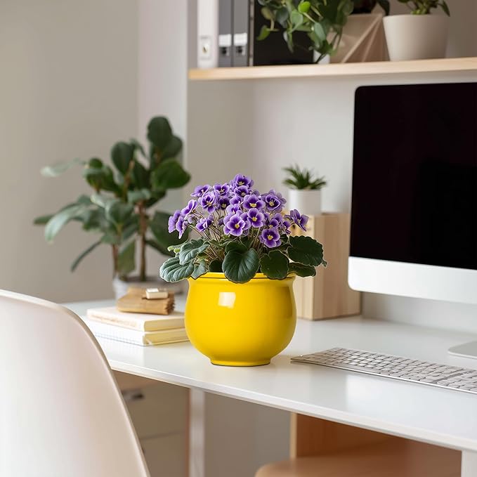 Ceramic Self Watering Planters, 6 Inch African Violet Pots for Indoor Outdoor Plants, Ceramic Plant Pot with Absorbent Inner Pot, Round Flower Pots, Living Room Decor, Gifts for Women, Yellow