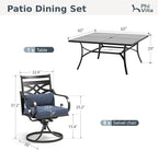 PHI VILLA 9 Pieces Outdoor Dining Set for 8, 60" Square Metal Table with Umbrella Hole & Wrought Iron Swivel Chairs, All Weather Outside Furniture with Blue Cushions & Pillows for Patio, Deck, Porch