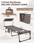 KingCamp Tanning Chair with Face Hole, Lounge Chairs Outdoor Folding Comfy Adjustable 5-Position Foldable Chaise Chaser with Canopy Shade for Outside Beach Patio Sun Bathing, Beige