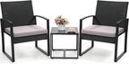 3 Piece Wicker Patio Bistro Set, Rattan Conversation Set with Coffee Table, for Balcony, Porch, Garden, Yard, Poolside, Black Frame with Grey Cushion
