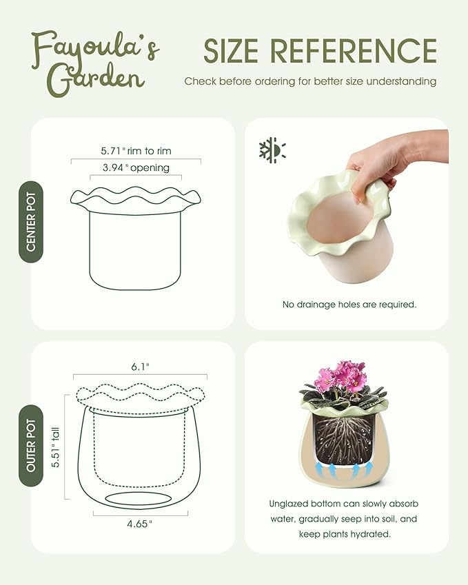 Self Watering Plant Pot, 6 Inch African Violet Pots Maintenance, Ceramic Self-Watering Planter for Indoor Plants - Ideal Flower Pot for Thriving Indoor Gardens, Green
