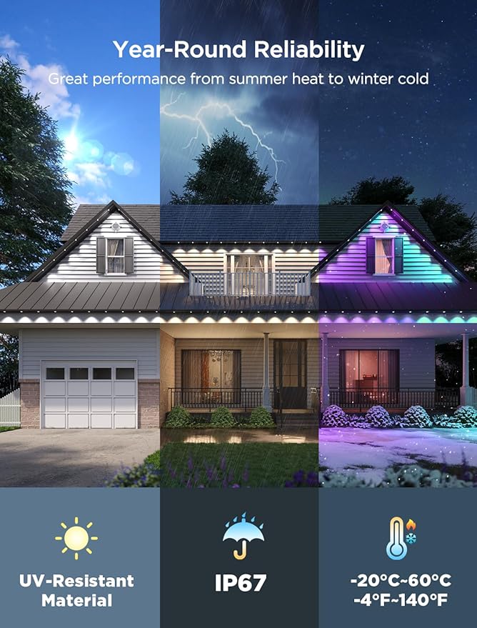 Govee Permanent Outdoor Lights 2, 50ft RGBIC Outdoor Lights with 36 LED Lights, IP67 Waterproof, 100 Scene Modes with 40lm White for Outdoor Decorations, Works with Alexa, Google Assistant, Black