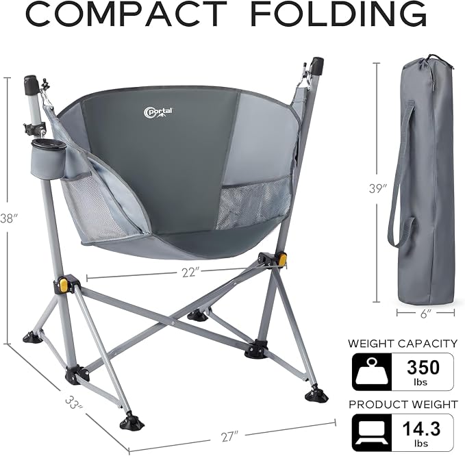 Folding Hammock Rocking Chair, 2 Pack, Grey, Holds 350 lbs