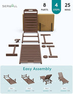 SERWALL Patio Chaise Lounge, HDPE Outdoor Lounge Chair with Cup Holder, 5 Positions Adjustable Poly Lounger with Rolling Wheels for Poolside, Deck, Sunbathing, Brown