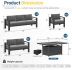 Solaste Aluminum Outdoor Patio Furniture Set with 43" Fire Pit Table, 7 Seats Patio Sectional Sofa with 5" Thick Cushion, Outdoor Patio Set for Porch, Backyard, Deck, Yard, Grey