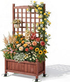 VINGLI Wooden Planter with Trellis, 50" Height Elevated Garden Beds Outdoor with Wheels, FreeStanding Planter Box with Drainage Holes for Flower, Vegetable, Fruit, Herb in Garden, Patio, Balcony (1)