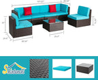 Shintenchi 7 Pieces Patio Furniture Sets Outdoor All-Weather Sectional Patio Sofa Set PE Rattan Manual Weaving Wicker Patio Conversation Set with Glass Table&Ottoman Cushion and Red Pillows, Blue